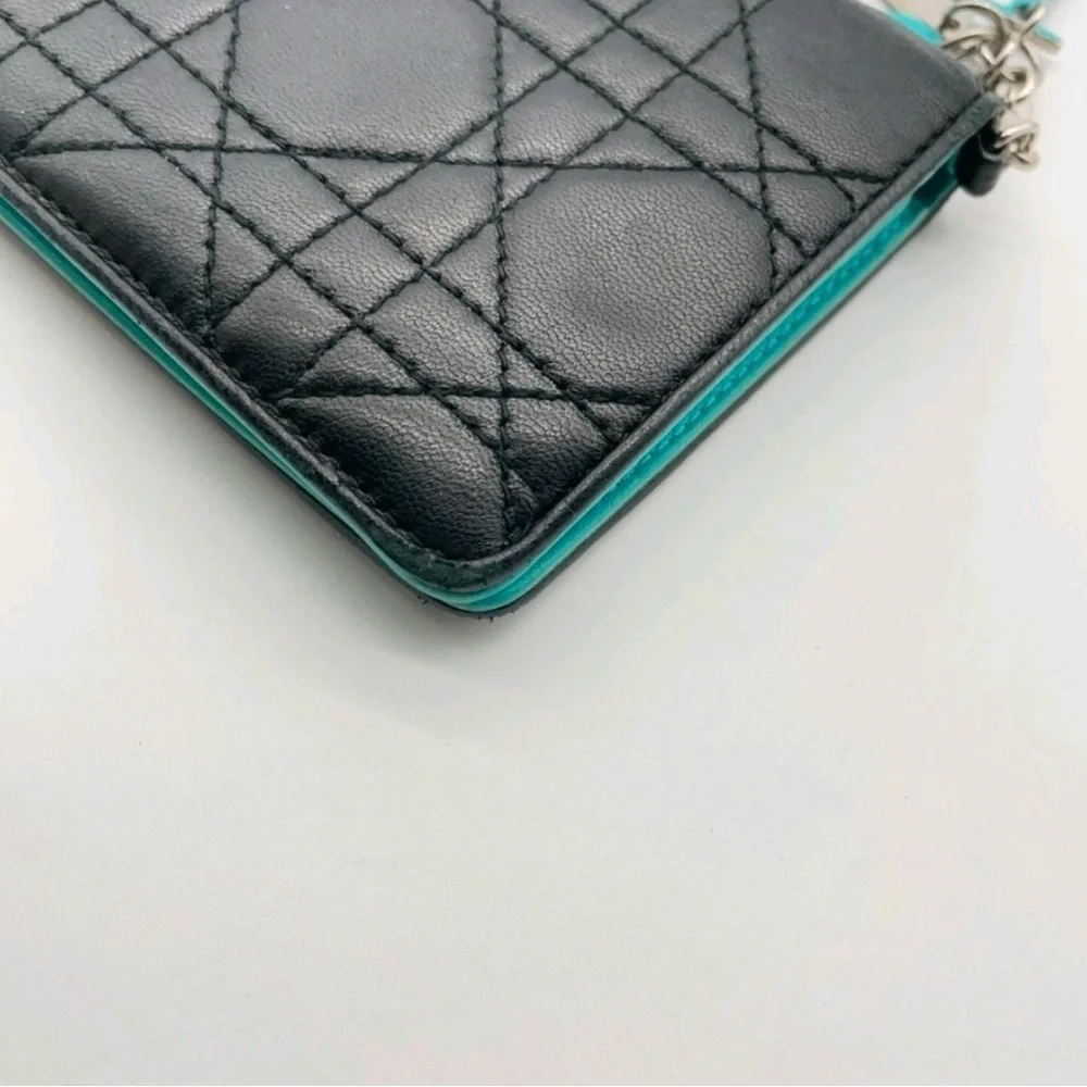 ✨💎DIOR💎💚 Black Quilted Lady Cannage Zip Wallet with Blue  & Silver Charms!